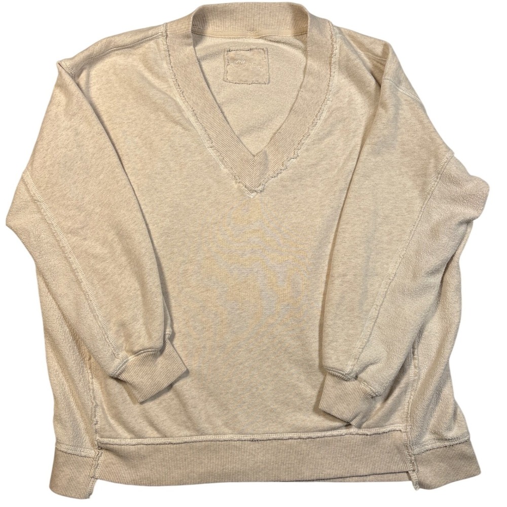 Aerie Oversized V-Neck Sweatshirt Oatmeal Beige French Terry Raw Edge Small